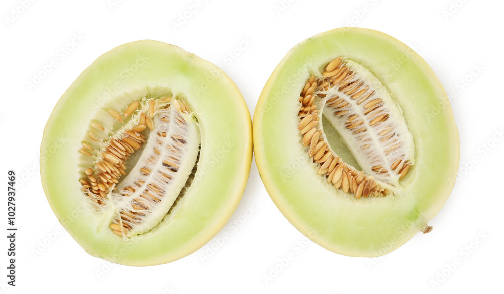 Cut fresh ripe honeydew melon isolated on white, top view Cut fresh ripe honeydew melon isolated on white, top view