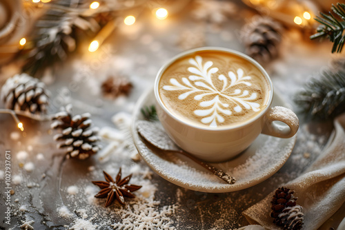 A cup of coffee with a snowflake latte pattern on a table decorated with cones, fir branches and a festive garland