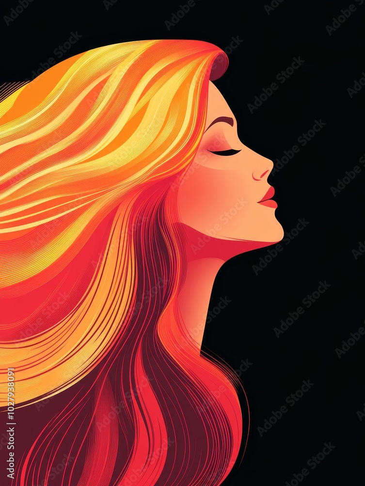 A woman is portrayed with beautiful, flowing red and orange hair, set against a striking dark backdrop, exuding tranquility A woman is portrayed with beautiful, flowing red and orange hair, set against a striking dark backdrop, exuding tranquility