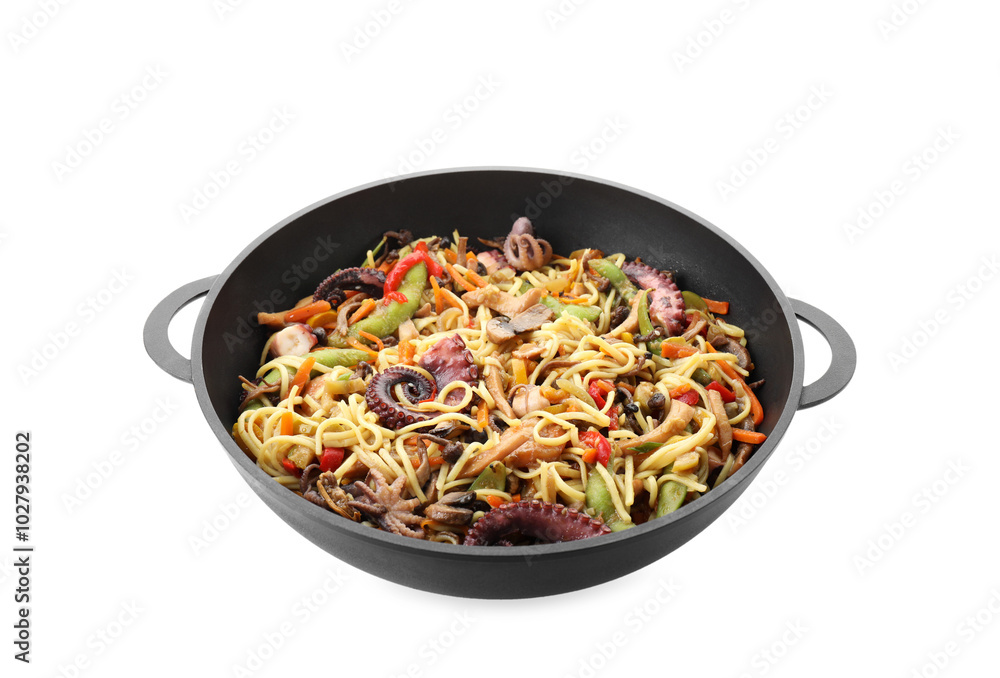 Stir-fry noodles with sea food and vegetables in wok isolated on white Stir-fry noodles with sea food and vegetables in wok isolated on white