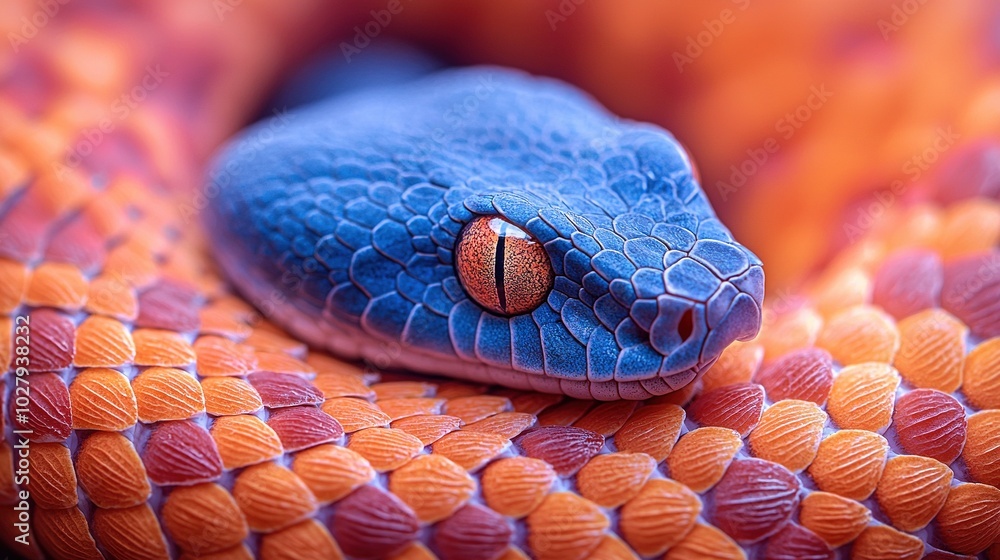 Fototapeta premium Close-up of a blue and orange snake's head with a red spot on its eye