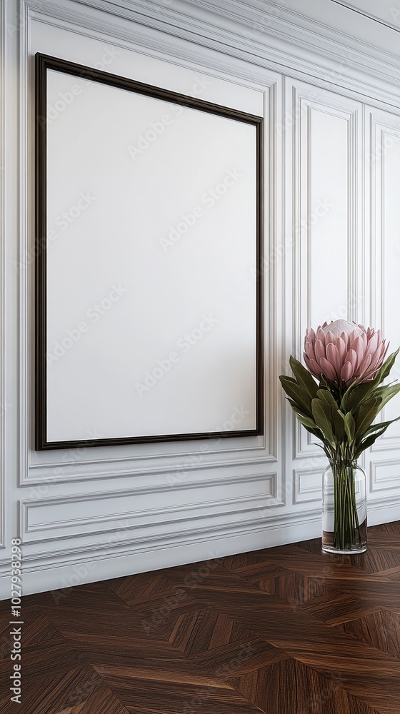 A vertical picture frame leans against the wall next to a pinkish-red king protea flower in a transparent vase, creating a serene and minimalistic indoor atmosphere. A vertical picture frame leans against the wall next to a pinkish-red king protea flower in a transparent vase, creating a serene and minimalistic indoor atmosphere.