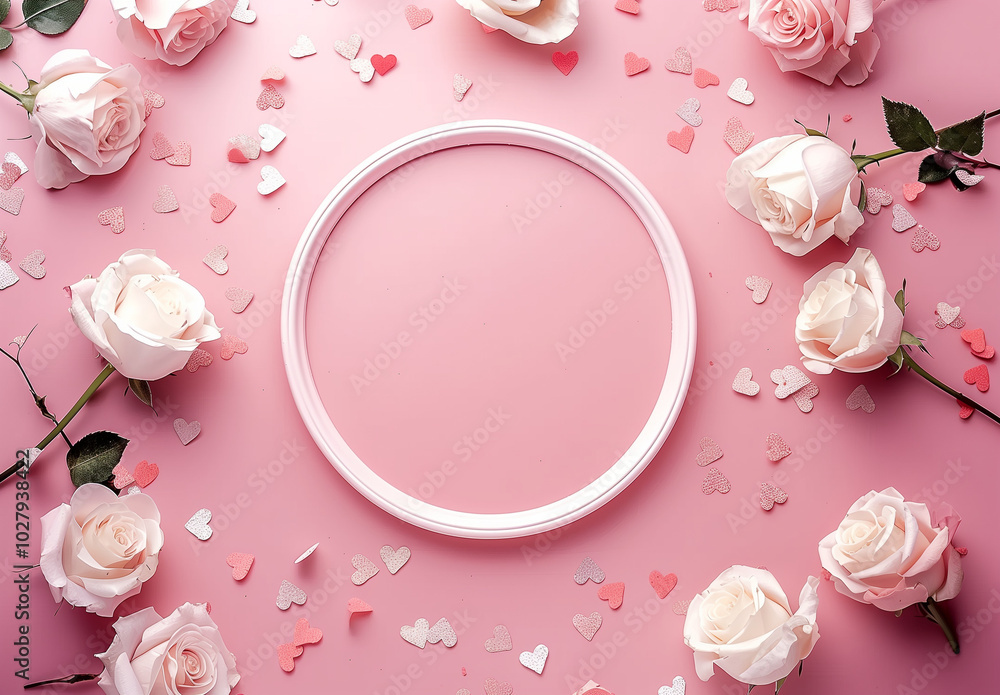 Romantic Pink Background with White Roses and Heart Confetti, copy space