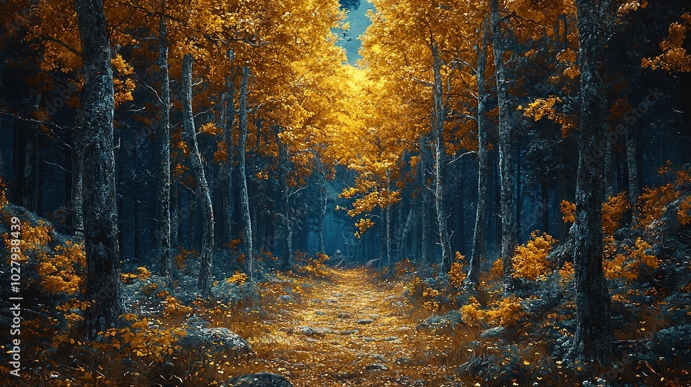 Yellow trees line a forest path Yellow trees line a forest path