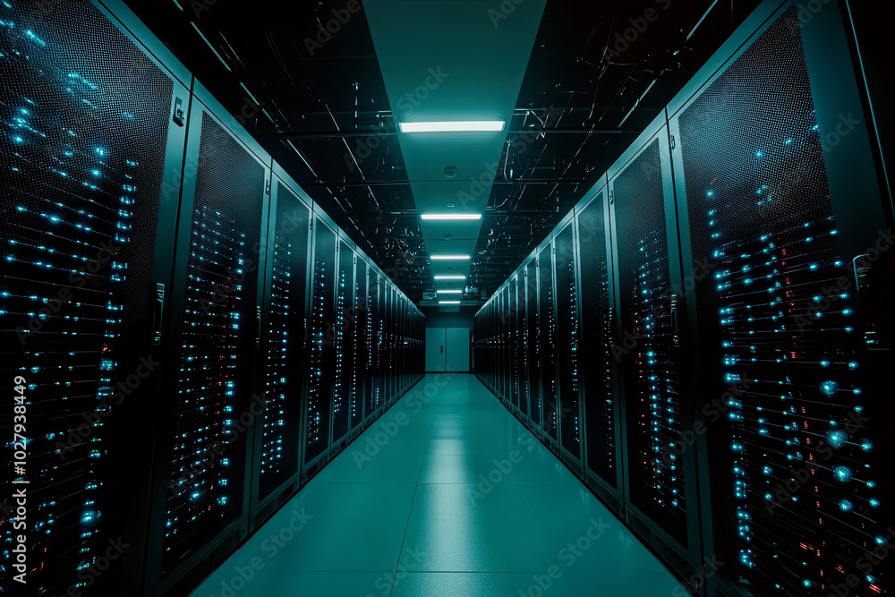 Data center corridor with server racks and blue lighting Data center corridor with server racks and blue lighting