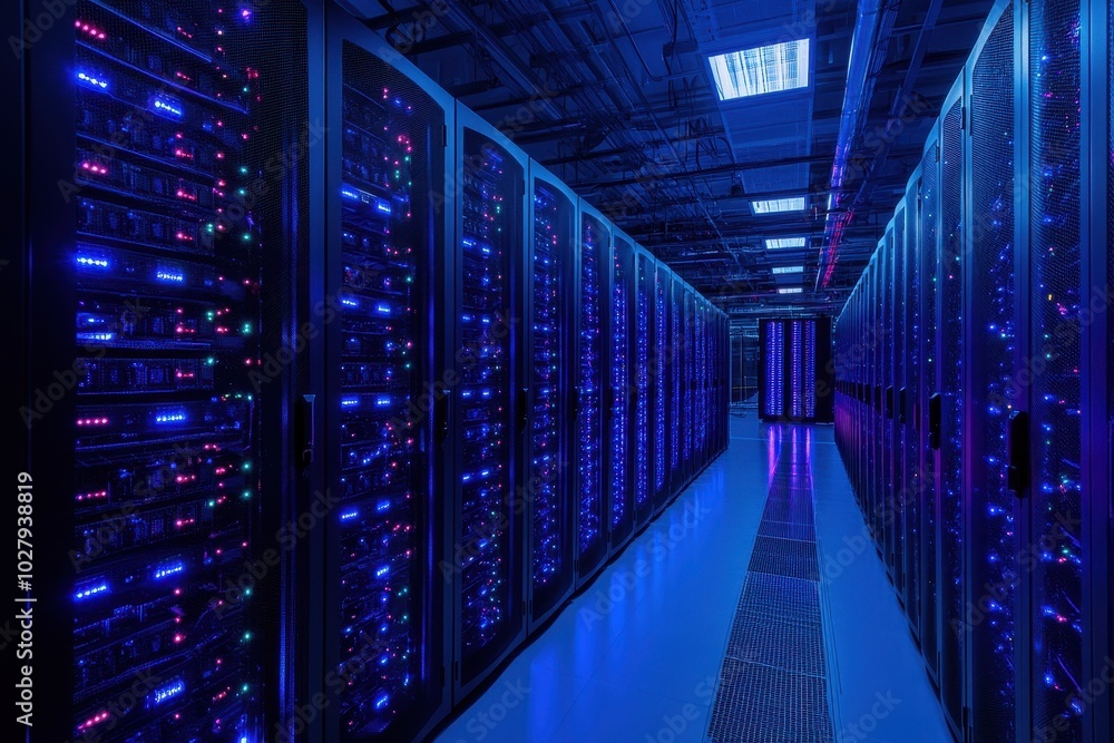 Data center aisle with blue-lit server racks and cabling Data center aisle with blue-lit server racks and cabling