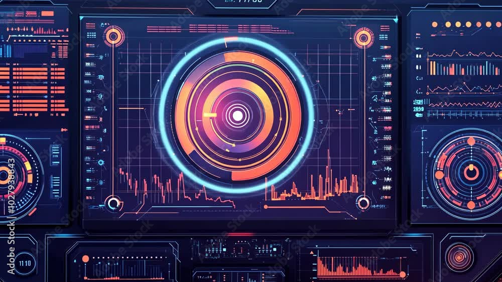 A futuristic interface with various data displays, including a central circle with a grid pattern and multiple rings, on a digital screen