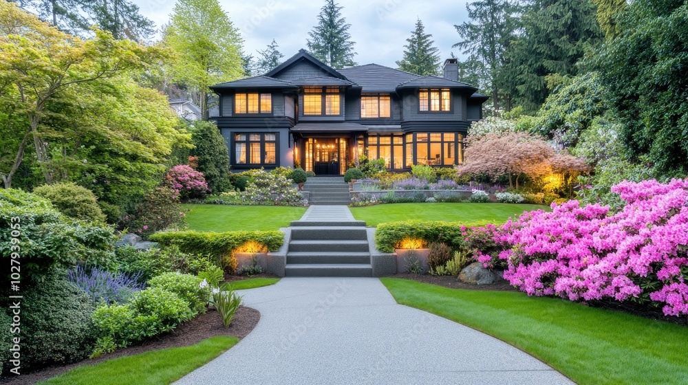 A welcoming home features a stone walkway illuminated by lanterns, surrounded by greenery and white flowers, creating an inviting atmosphere at dusk A welcoming home features a stone walkway illuminated by lanterns, surrounded by greenery and white flowers, creating an inviting atmosphere at dusk