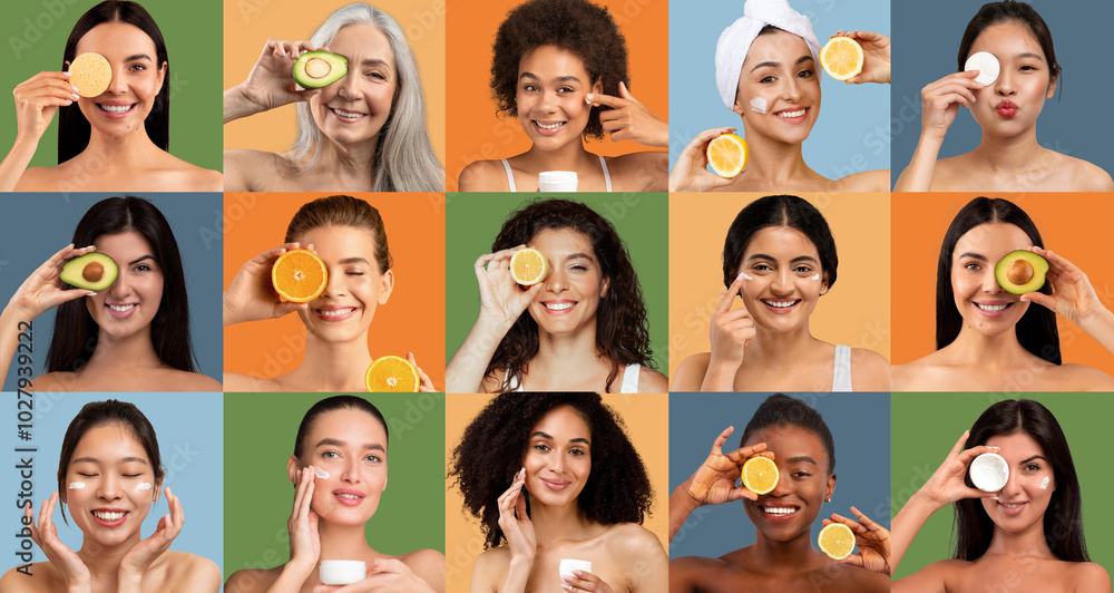 A diverse group of women joyfully demonstrates natural skincare techniques, using slices of fruits and creams on their faces in various colorful backgrounds, celebrating beauty and wellness. A diverse group of women joyfully demonstrates natural skincare techniques, using slices of fruits and creams on their faces in various colorful backgrounds, celebrating beauty and wellness.
