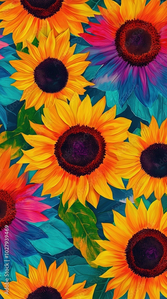 A stunning oil canvas depicting a bouquet of sunflowers against a vibrant multicolored backdrop A stunning oil canvas depicting a bouquet of sunflowers against a vibrant multicolored backdrop