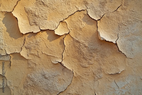 A worn wall features cracked and peeling plaster, showcasing the passage of time and texture in warm midday light