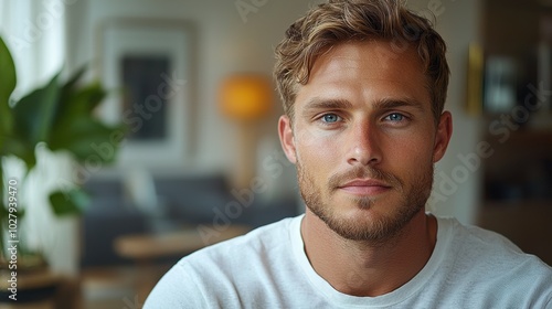 Portrait of a young man with blue eyes and tousled hair in a cozy living room filled with natural light