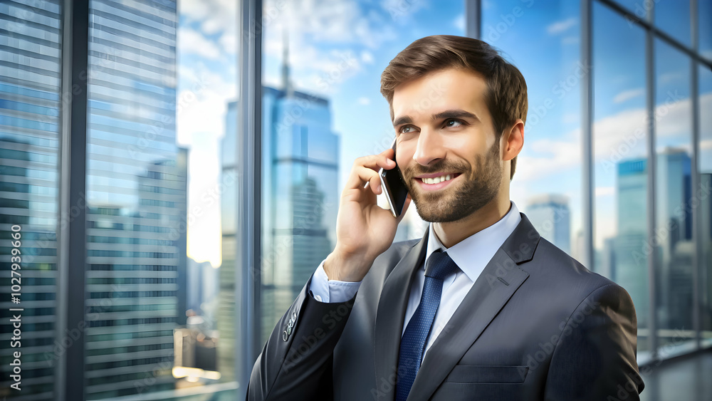 Smiling businessman making a phone call with city skyline in the background. Smiling businessman making a phone call with city skyline in the background.