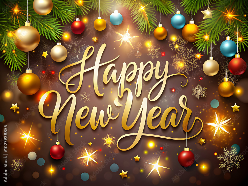 Fototapeta premium Warm and golden New Year's greeting with baubles, stars, and festive lights.