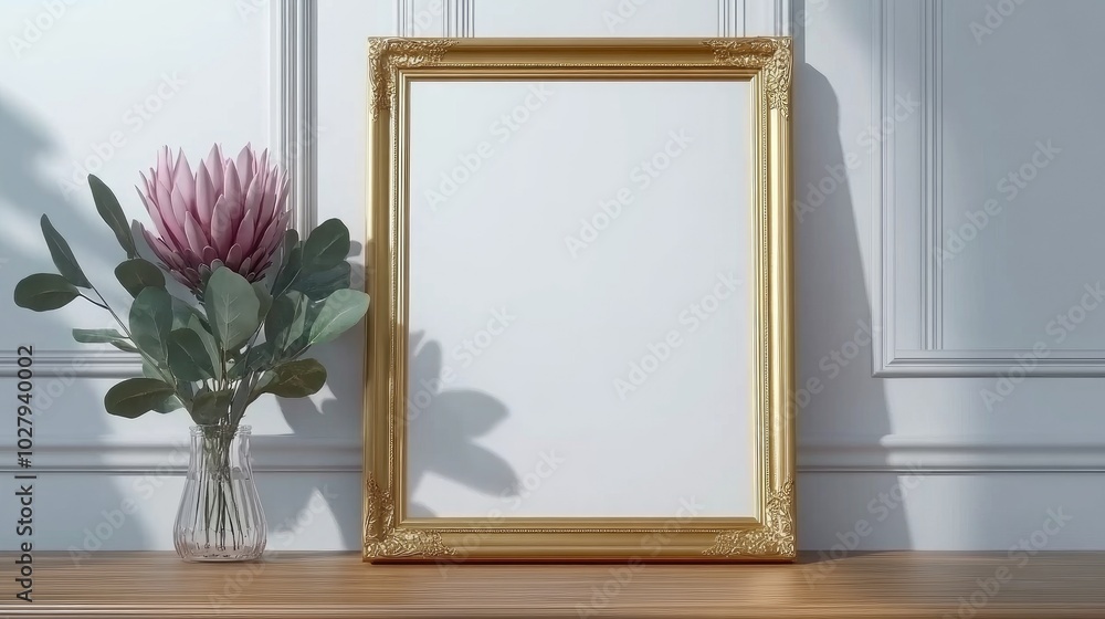 A vertical picture frame leans against the wall next to a pinkish-red king protea flower in a transparent vase, creating a serene and minimalistic indoor atmosphere. A vertical picture frame leans against the wall next to a pinkish-red king protea flower in a transparent vase, creating a serene and minimalistic indoor atmosphere.