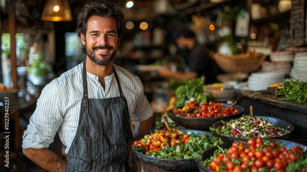 Smiling vendor in a vibrant market showcasing fresh vegetables and salads during a busy afternoon Smiling vendor in a vibrant market showcasing fresh vegetables and salads during a busy afternoon