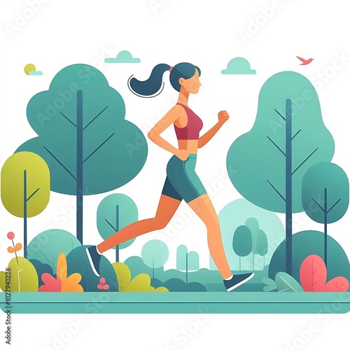 Flat-style illustration of a woman jogging through a park. Ideal for fitness, outdoor, and healthy lifestyle-themed designs. Simple and energetic composition, perfect for promoting physical activity