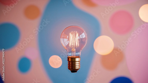 Una lampadina accesa emette luce su uno sfondo colorato di rosa e azzurro con effetto bokeh photo