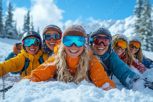 Un groupe de copines et d'amis prend un selfie joyeux dans la neige, entouré d'enfants souriants, capturant le bonheur et le fun d'une journée d'hiver à faire du snowboard en famille.