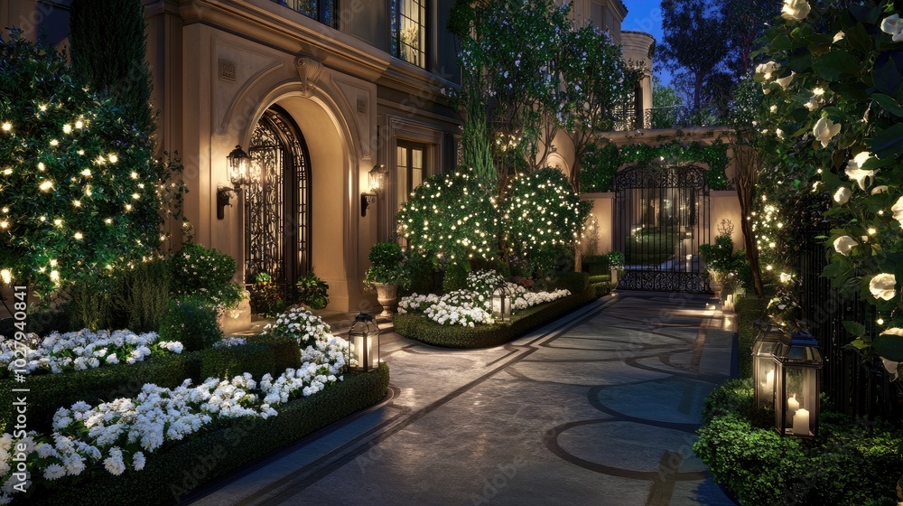 Fototapeta premium A welcoming home features a stone walkway illuminated by lanterns, surrounded by greenery and white flowers, creating an inviting atmosphere at dusk.