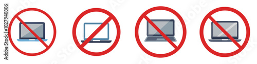 Set of red prohibition icons for laptops indicating device usage ban