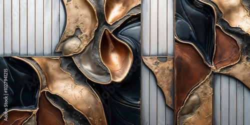 Abstract metal wall art with bronze, copper, and silver textures.