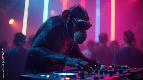 Funny Fancy Chimp in the Night Club is Dancing on Stage, DJ set photo