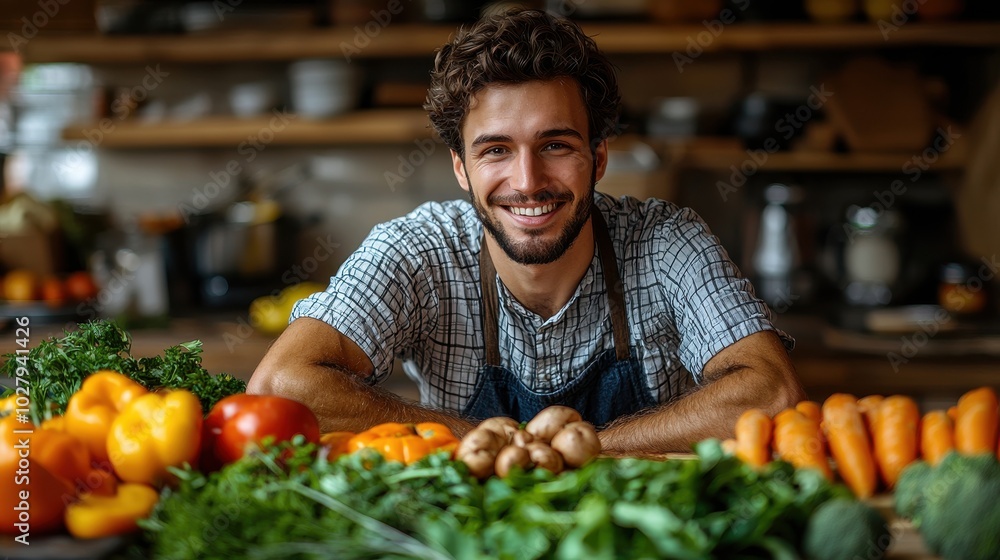 Young man smiling at vegetable display in a rustic market setting during daytime Young man smiling at vegetable display in a rustic market setting during daytime