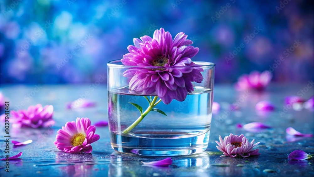 a close up of a purple flower in a glass container with water on a blue surface with pink flowers in the background. a close up of a purple flower in a glass container with water on a blue surface with pink flowers in the background.