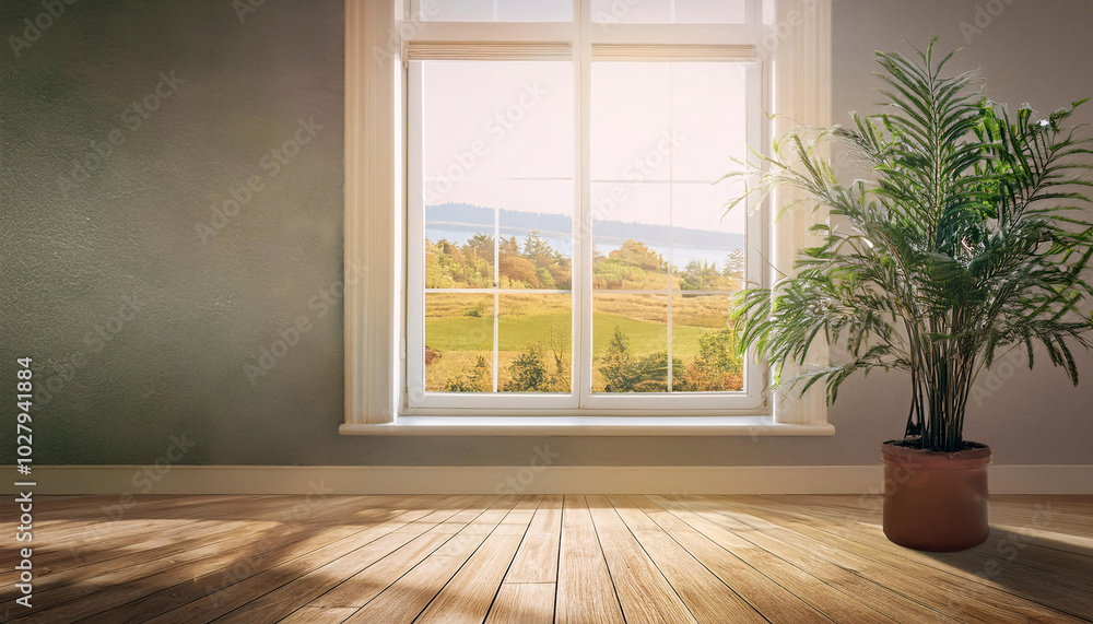 Sunlit room with a view of a serene landscape through a window Sunlit room with a view of a serene landscape through a window