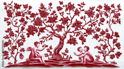 Whimsical Cherubs in Red Toile Pattern