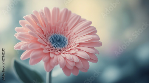 A pink flower with a blue center. The flower is in a field of green grass. The flower is the main focus of the image