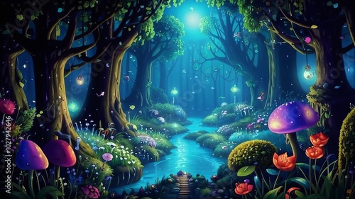 A beautiful magical forest, like in children's fairy tales.