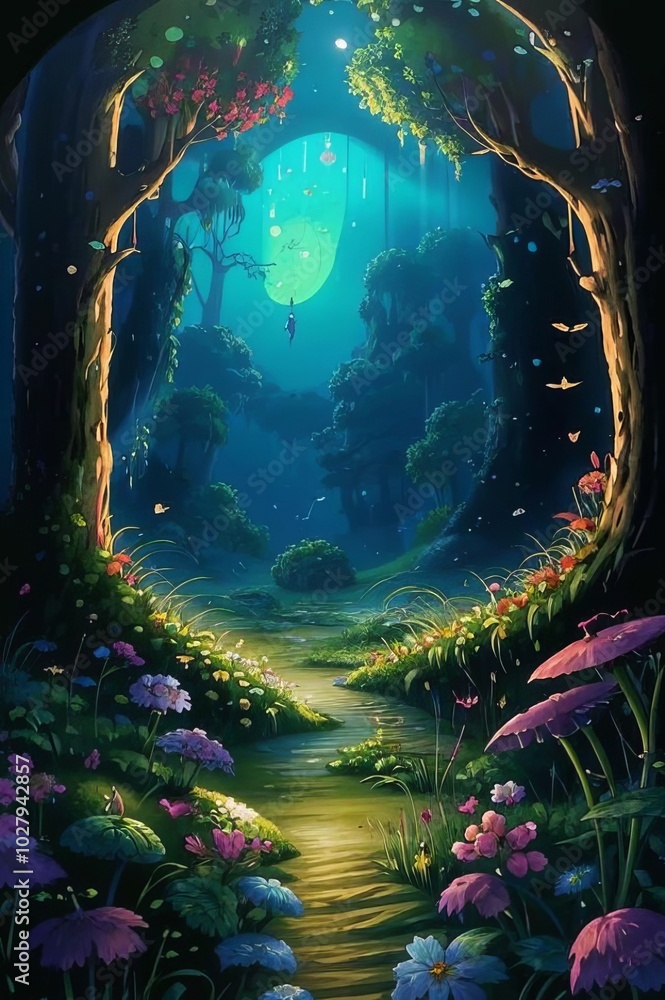 Fototapeta premium A beautiful magical forest, like in children's fairy tales.