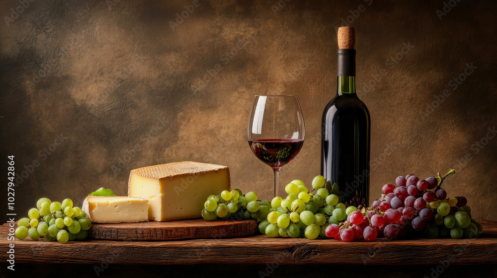 Fototapeta premium Delicious cheese and a glass of red wine with fresh grapes on rustic wooden table in a cozy setting