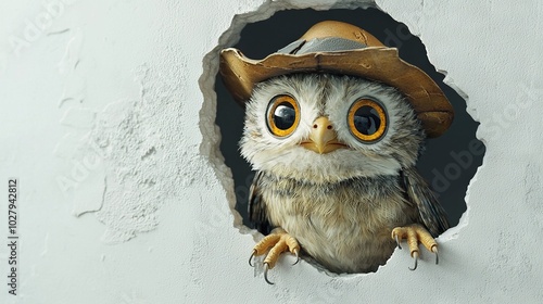   An owl wearing a cowboy hat peers through a hole in a wall with a hole photo