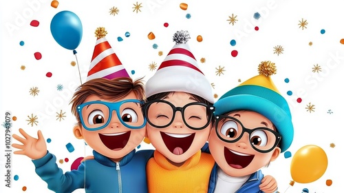 Cheerful Cartoon Characters Celebrate New Year Party