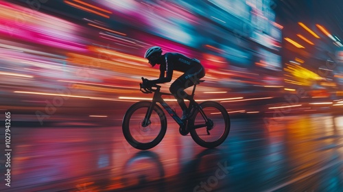 Cyclist riding city street dusk neon lights streaked colors motion-rich scene. AI generated