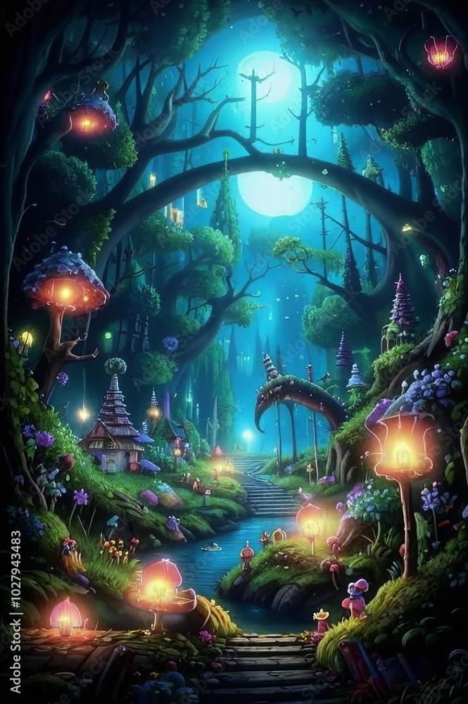 Fototapeta premium A beautiful magical forest, like in children's fairy tales.