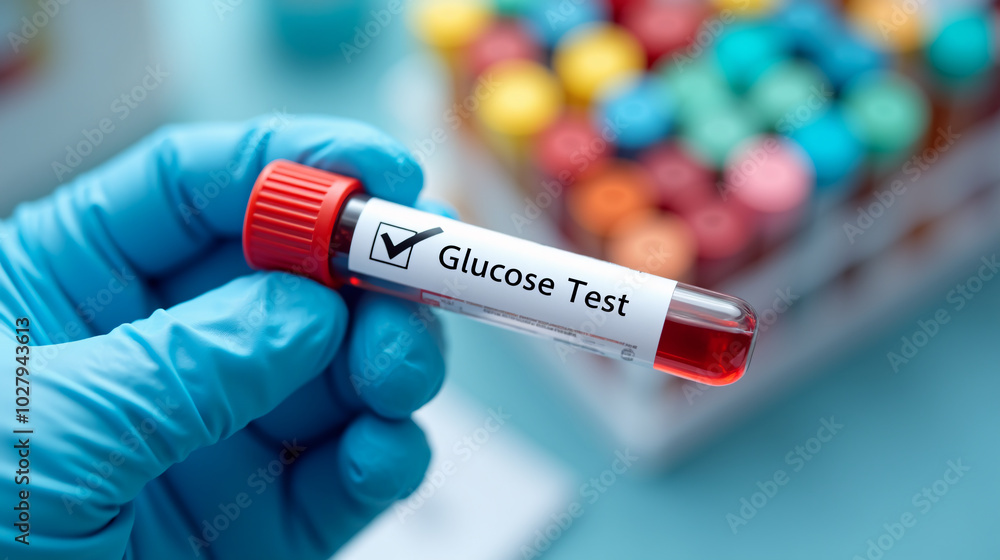 Obraz premium Close-up of a gloved hand holding a blood sample labeled Glucose Test in a laboratory setting. Glucose Test Sample Held by Gloved Hand in the Medical Laboratory Analysis