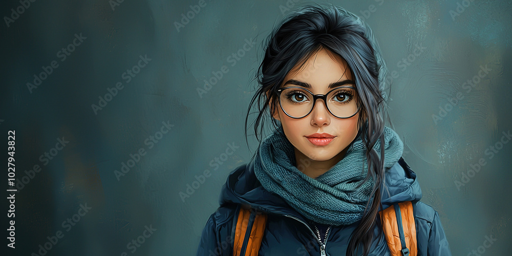 Young woman wearing glasses and scarf posing with backpack Young woman wearing glasses and scarf posing with backpack