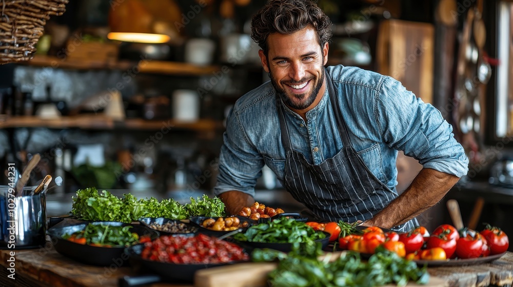 Chef preparing fresh vegetables in a rustic kitchen with natural light during the day Chef preparing fresh vegetables in a rustic kitchen with natural light during the day