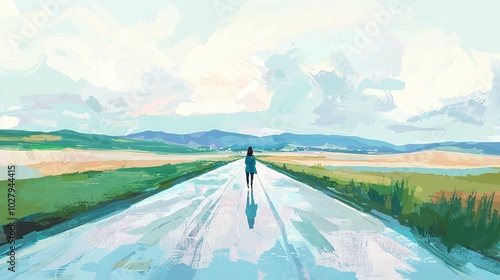   A person strolling on a road amidst a lush green, vibrant yellow, and azure sky landscape