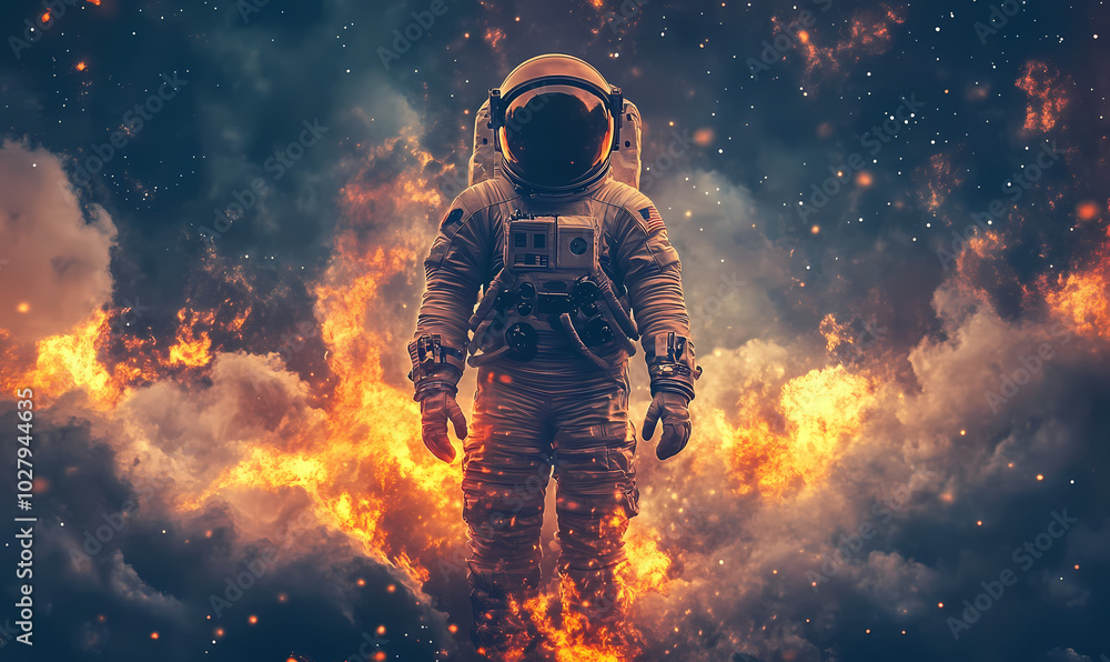An astronaut standing on the planet Earth, with clouds and fire in the sky, in a colorful, cinematic space background Generative AI . An astronaut standing on the planet Earth, with clouds and fire in the sky, in a colorful, cinematic space background Generative AI .
