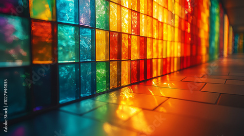 Dans une illustration architecturale, un mur en mosaïque de verre coloré et taché, semblable à un vitrail, diffuse la lumière à travers une décoration vintage, mêlant art et graffiti pour un effet uni