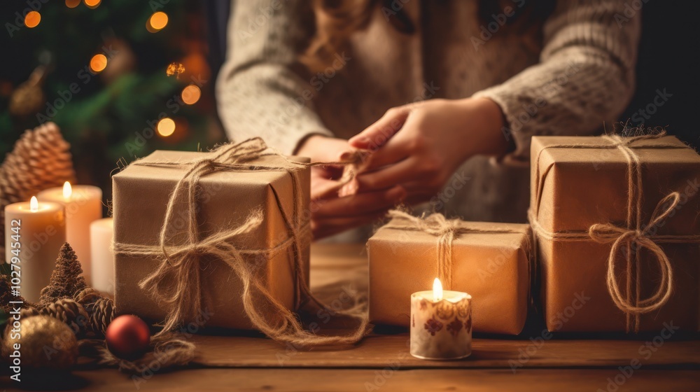 Cozy Christmas Gift Wrapping with Twine and Candles Cozy Christmas Gift Wrapping with Twine and Candles