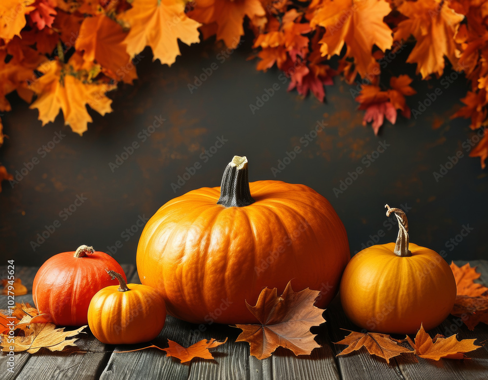 Kürbisse liegen auf einem Boden, umgeben von fallenden orangefarbenen Herbstblättern vor einem unscharfen Hintergrund in Braun- und Beigetönen. Platz für Text. Generative KI Kürbisse liegen auf einem Boden, umgeben von fallenden orangefarbenen Herbstblättern vor einem unscharfen Hintergrund in Braun- und Beigetönen. Platz für Text. Generative KI