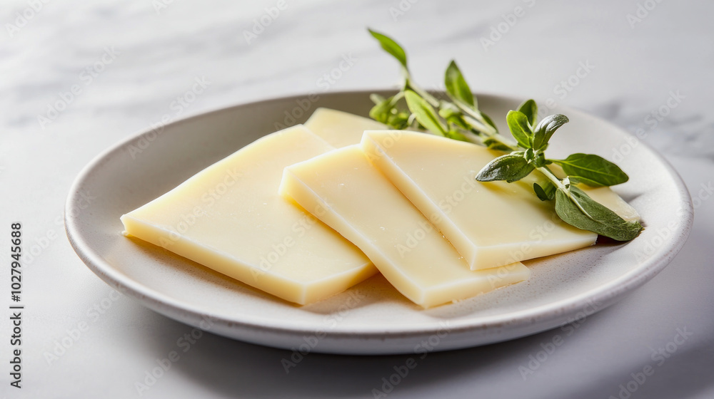 Fresh cheese slices arranged elegantly on a simple white plate with herbs, perfect for a delicious snack or meal preparation Fresh cheese slices arranged elegantly on a simple white plate with herbs, perfect for a delicious snack or meal preparation