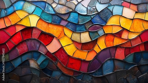 Dans une illustration architecturale, un mur en mosaïque de verre coloré et taché, semblable à un vitrail, diffuse la lumière à travers une décoration vintage, mêlant art et graffiti pour un effet uni