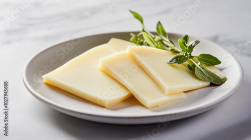Wallpaper Mural Fresh cheese slices arranged elegantly on a simple white plate with herbs, perfect for a delicious snack or meal preparation Torontodigital.ca